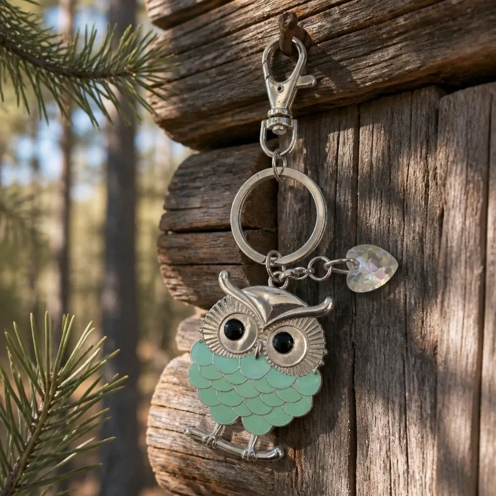 Mint Green Owl Black Crystal Eyes Faceted Heart Charm Keychain
